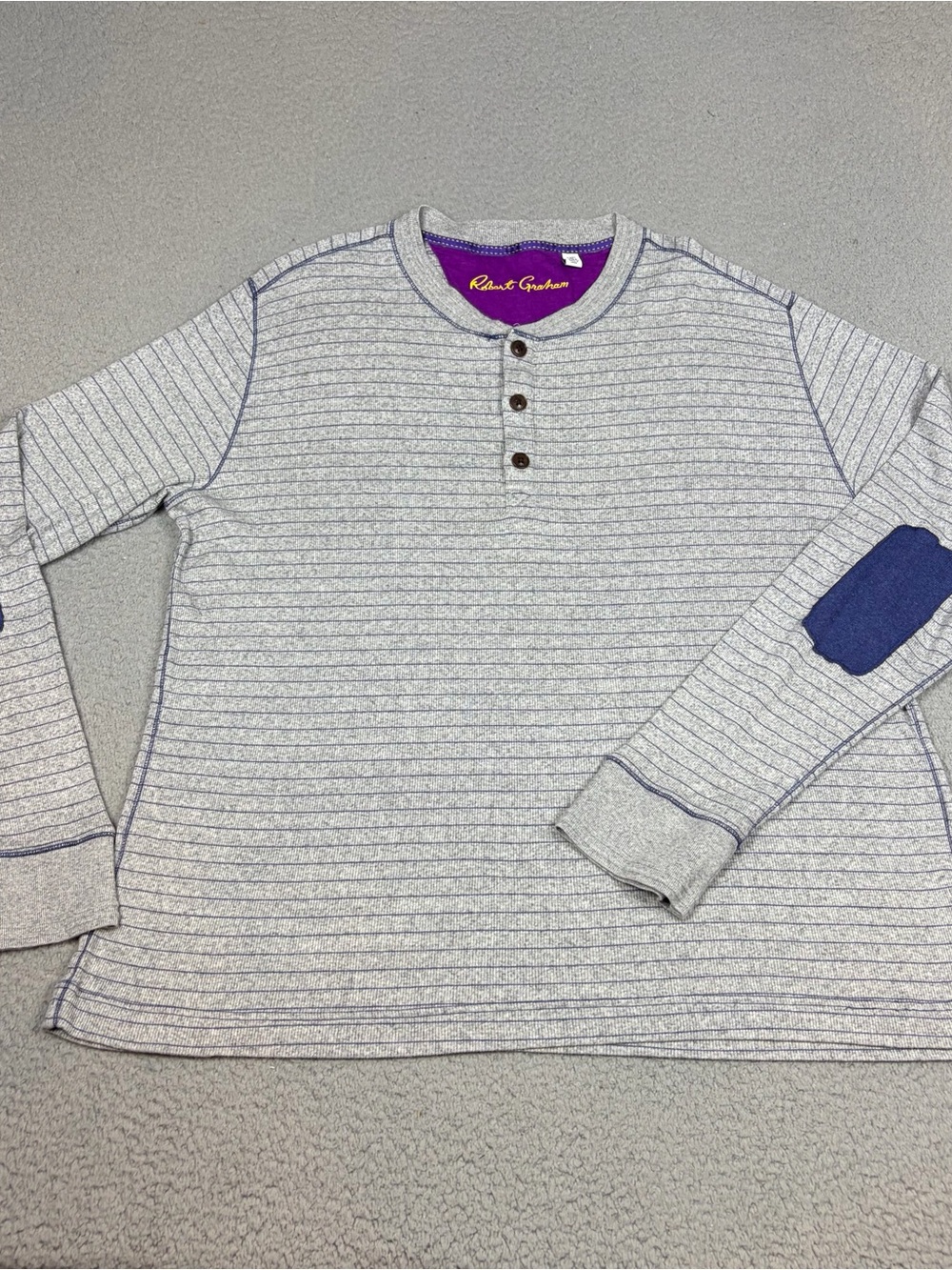Robert Graham Henley Shirt Men’s 3XL Light Gray Striped with Blue Elbow Patch
